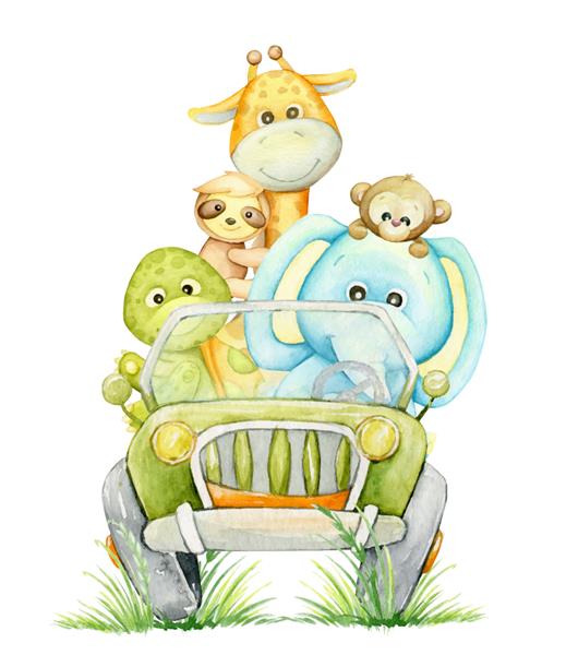 فیل زرافه میمون لاک پشت تنبل سوار بر یک SUV حیوانات گرمسیری کلیپرت آبرنگ