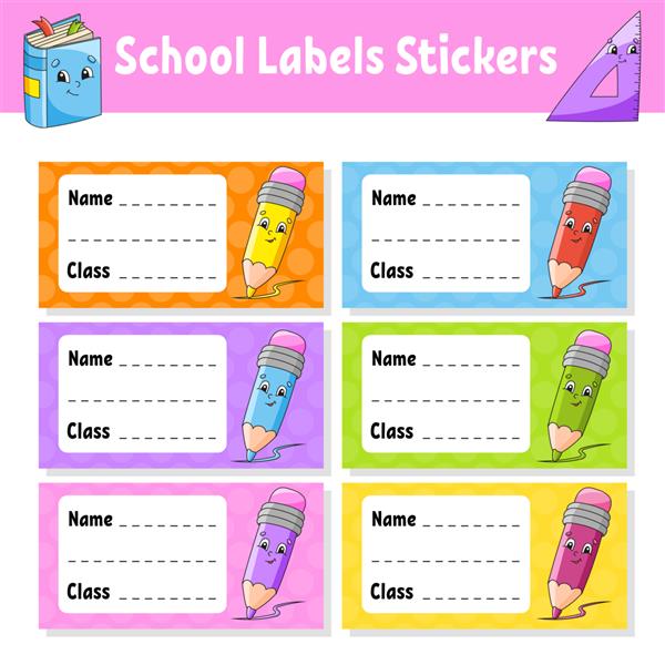برچسب‌های بازگشت به مدرسه مجموعه برچسب‌ها برای نام نوت‌بوک و برچسب‌های روشن کلاس برچسب‌های مستطیلی رنگ برچسب‌های وکتور شخصیت‌های کارتونی تصویر جدا شده