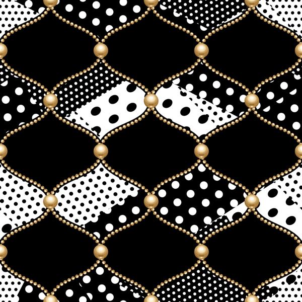 شبکه زنجیر طلایی با الگوی بدون درز نقطه‌های پولکای سیاه و سفید