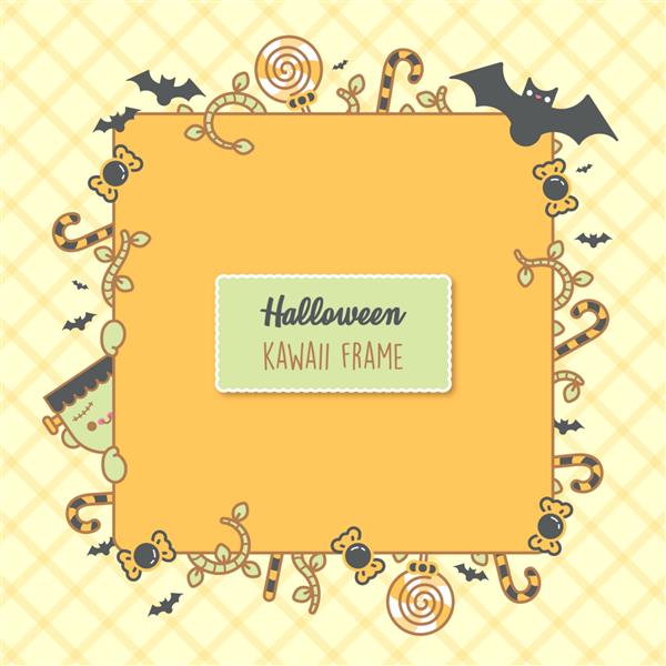 پس زمینه هالووین مکانی برای متن شما قاب وکتور با خفاش آب نبات شاخه ها و یک فرانکستین زیبا ترفند یا درمان مفهوم طراحی خلاقانه برای دعوت و مهمانی - وکتور