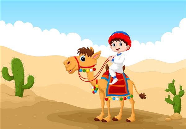 تصویر پسر عرب سوار بر شتر در صحرا