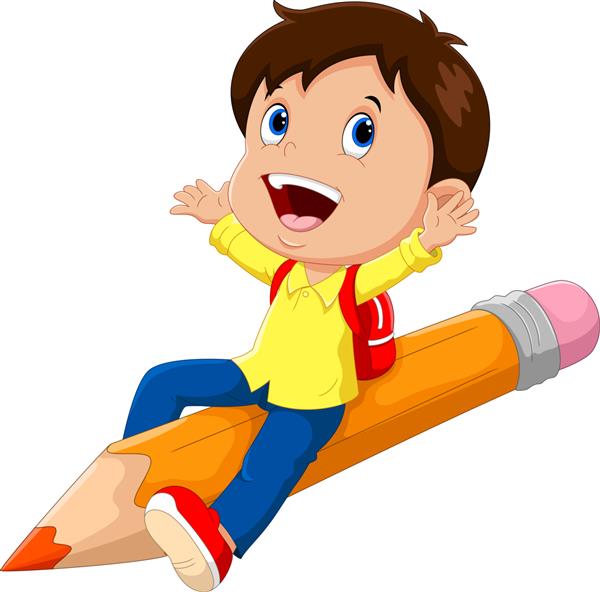 پسر مدرسه ای خوشحال که روی یک مداد نشسته است