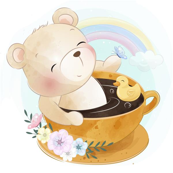 خرس کوچولوی ناز در یک فنجان قهوه نشسته است