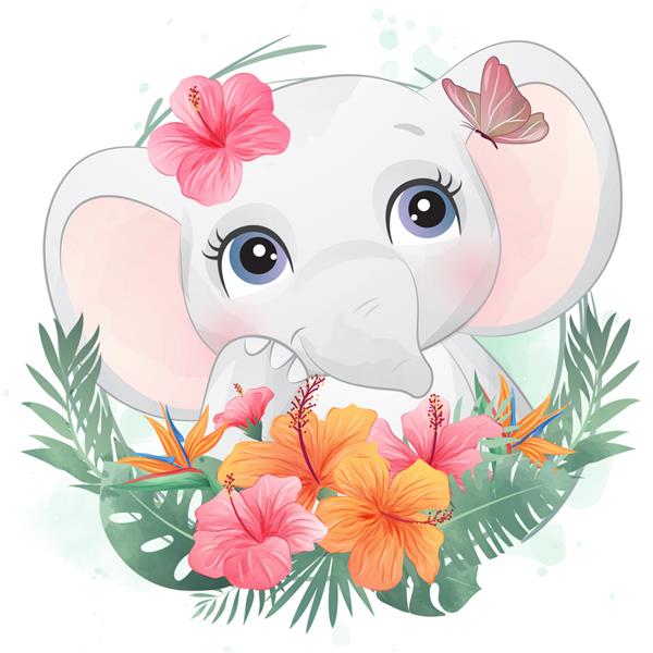 پرتره فیل کوچک بامزه با گل