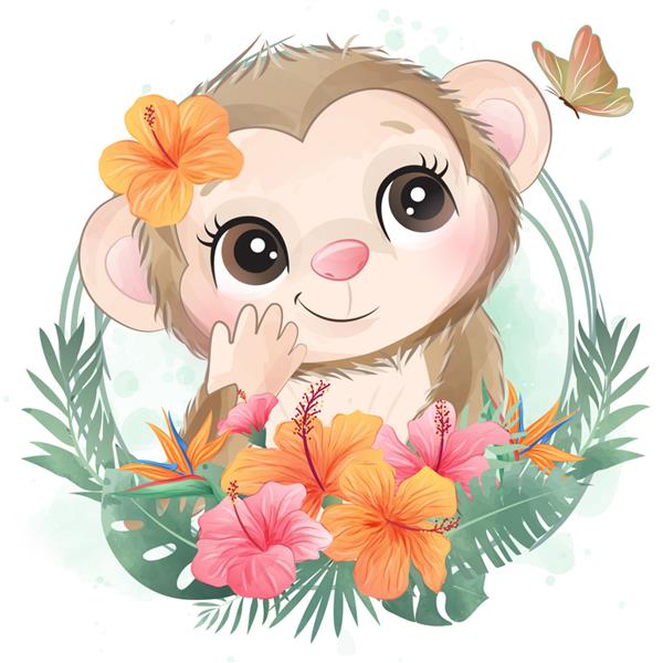 پرتره میمون کوچولوی ناز با گل