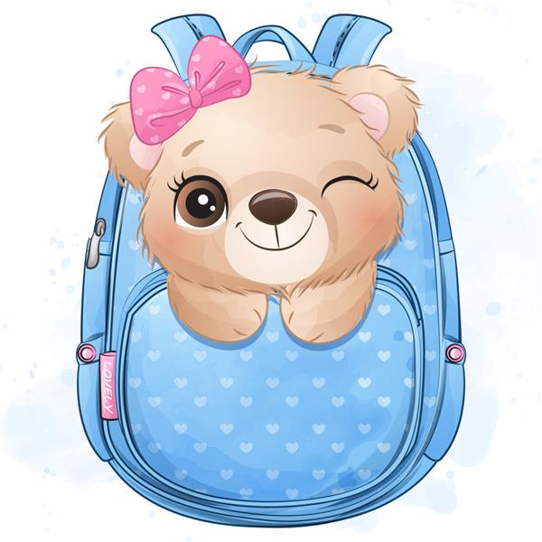 تصویر خرس کوچولوی ناز که داخل کیف نشسته است
