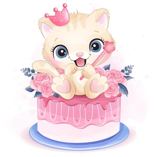 بچه گربه کوچولوی ناز که در تصویر کیک گل رز نشسته است