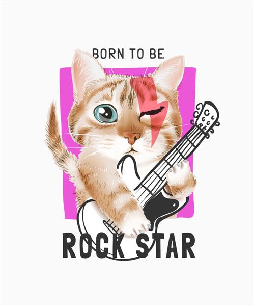 شعار ستاره راک با تصویر گربه کارتونی زیبا در حال نواختن گیتار