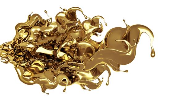 پاشیدن مایع غلیظ و طلایی رنگ تصویر سه بعدی رندر سه بعدی
