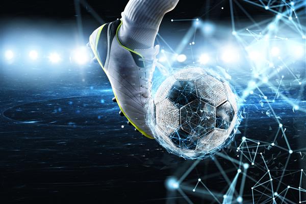 توپ فوتبال با افکت شبکه اینترنتی دیجیتال مفهوم شرط بندی دیجیتال