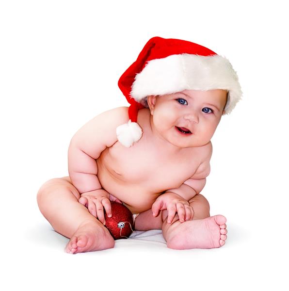 نوزاد ناز کوچولو با کلاه بابا نوئل در پس زمینه سفید