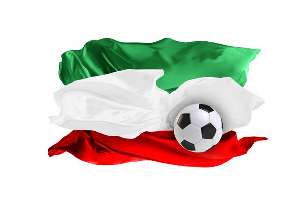 پرچم ملی ایران پرچم ساخته شده از پارچه مفهوم فوتبال و فوتبال مفهوم طرفداران توپ فوتبال با پارچه جدا شده در زمینه سفید پرچم در حال پرواز