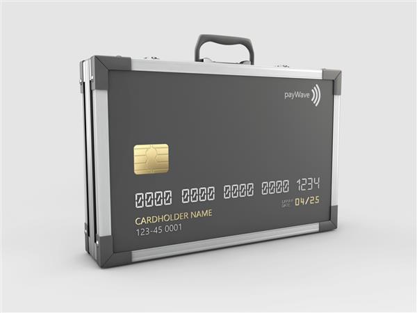 رندر سه بعدی کارت اعتباری در قالب یک کیف فلزی