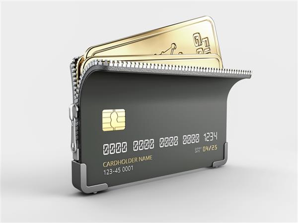 رندر سه بعدی از شمش های طلای خوب و کارت های اعتباری در خاکستری مسیر برش گنجانده شده است