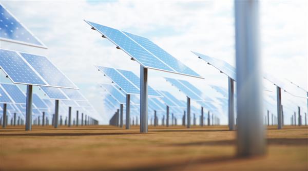 پانل های خورشیدی با تصویر سه بعدی انرژی جایگزین مفهوم انرژی های تجدیدپذیر زیست محیطی انرژی پاک پانل های خورشیدی فتوولتائیک با انعکاس آسمان آبی زیبا پنل های خورشیدی در بیابان