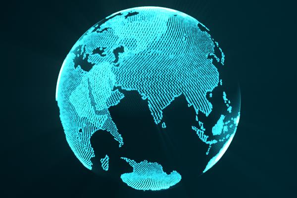 تصویر فناوری مفهومی هولوگرام زمین دیجیتال رندر سه بعدی از رنگ آبی جهان آینده با پرتوهای نور