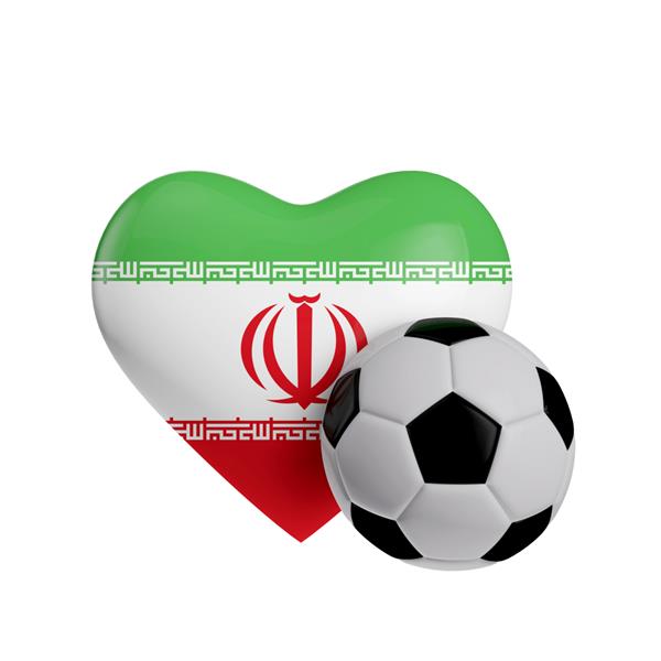 شکل قلب پرچم ایران با یک توپ فوتبال رندر سه بعدی عشق فوتبال