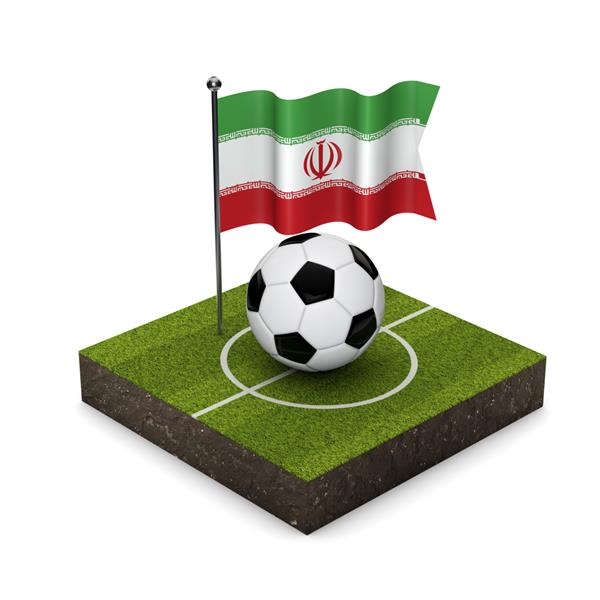 پرچم ایران مفهوم پرچم فوتبال و آیکون ایزومتریک زمین فوتبال رندر سه بعدی