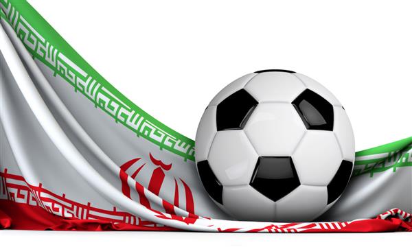 رندر سه بعدی توپ فوتبال روی پرچم فوتبال ایران پس زمینه