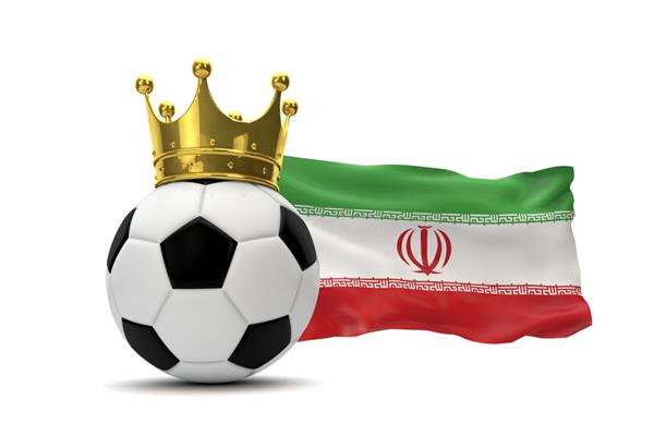 پرچم ایران و توپ فوتبال با تاج طلایی رندر سه بعدی