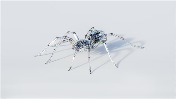 رندر سه بعدی از یک عنکبوت کریستالی جدا شده در پس زمینه سفید با سایه