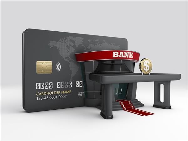 رندر سه بعدی کارت اعتباری همراه با مسیر برش ساختمان بانک