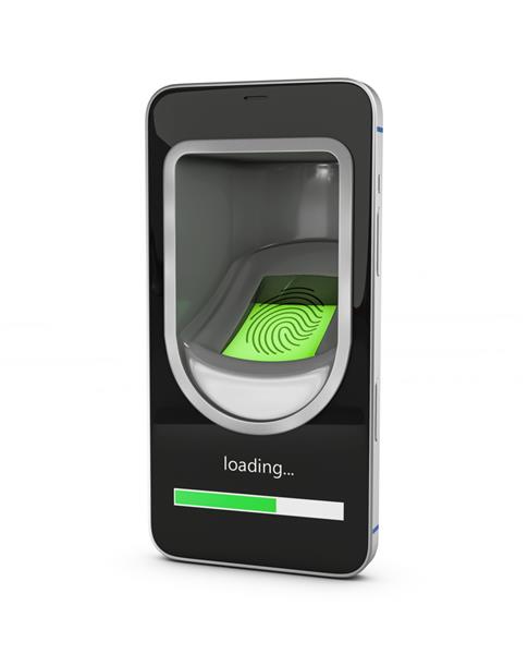 رندر سه بعدی گوشی هوشمند با مسیر برش اسکن انگشت گنجانده شده است