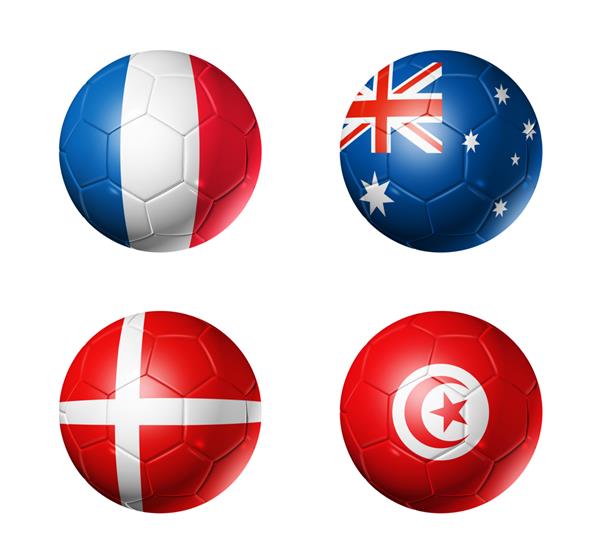 پرچم های گروه d فوتبال 2022 قطر روی توپ های فوتبال تصویر سه بعدی جدا شده روی پس زمینه سفید