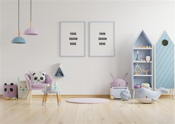 قاب پوستر ماکت در اتاق کودک اتاق کودک ماکت مهد کودک دیوار سفید رندر سه بعدی