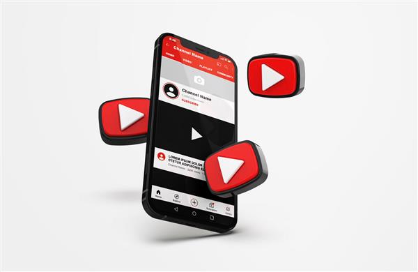 موکاپ یوتیوب روی تلفن همراه با نمادهای سه بعدی