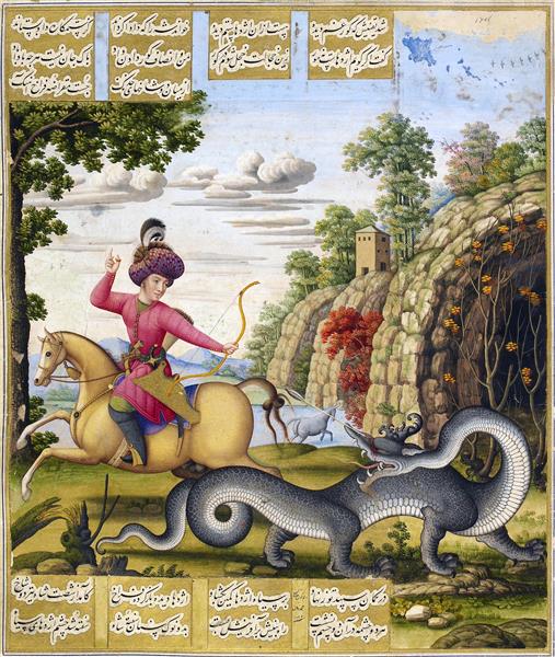نقاشی کشتن بهرام اژدها را و گنج یافتن از غار خمسه نظامی هفت پیکر
