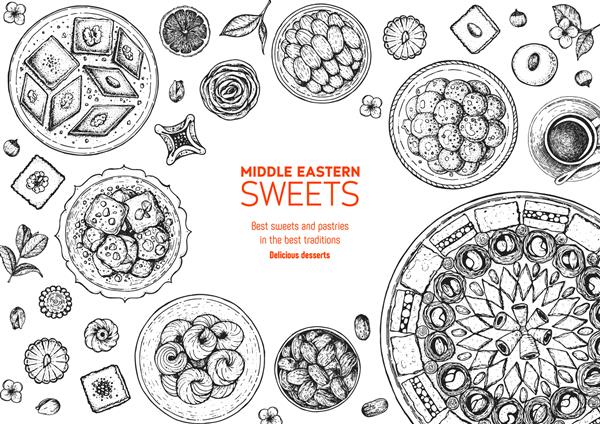 تصویر وکتور شیرینی های شرقی غذای خاورمیانه طرح دستی گرافیک خطی پس زمینه منوی غذا