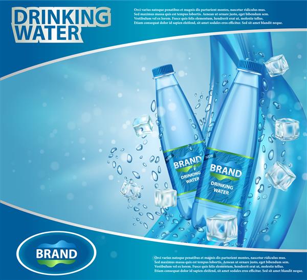 طراحی قالب تبلیغ آب آشامیدنی وکتور بطری های آب معدنی پلاستیکی واقعی با نام تجاری شما و پس زمینه آبی با قطرات آب و تکه های یخ