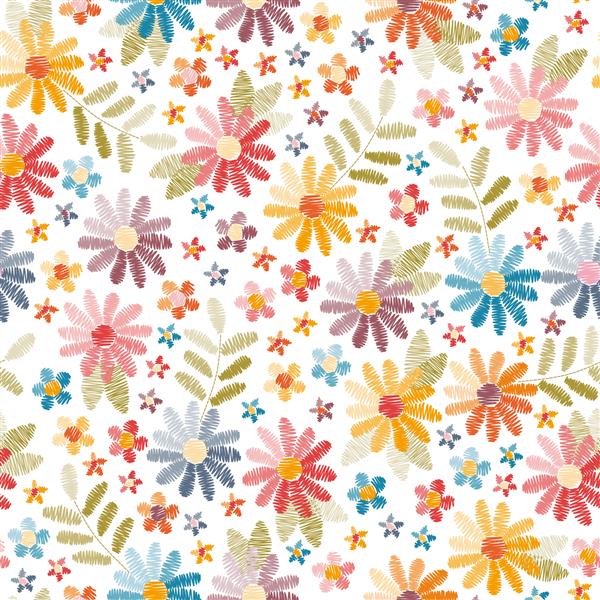 الگوی بدون درز گلدوزی گل ها و برگ های زیبا جدا شده در پس زمینه سفید فانتزی های رنگارنگ چاپ مد برای پارچه تصویر وکتور