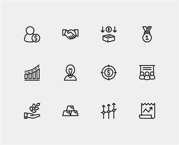 مجموعه نمادهای بزرگ نمادهای سرمایه گذاری و سرمایه کشاورزی با خدمات سرمایه گذاری آموزش کارکنان و هدف سرمایه گذاری مجموعه ای از عناصر از جمله طراحی رابط کاربری لوگوی شرکتی برای برنامه وب