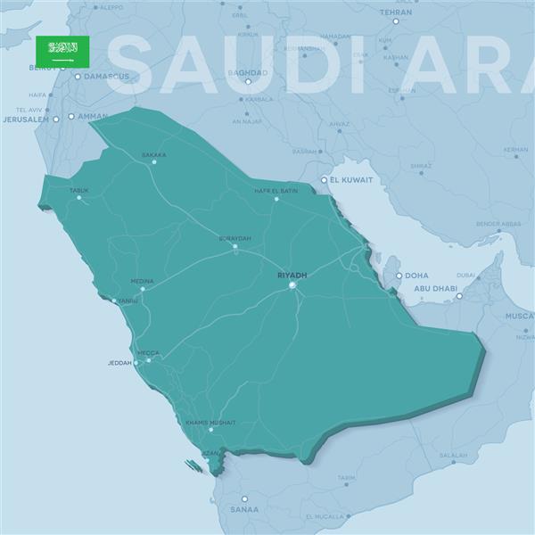 نقشه وکتور سه بعدی از شهرها و جاده ها در آسیا عربستان سعودی و همسایگانش