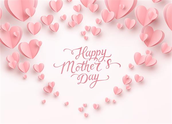 کارت پستال مادر با عناصر پرنده کاغذی در پس زمینه سفید وکتور نمادهای عشق به شکل قلب برای طرح کارت تبریک روز مادر