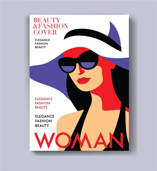 شخصیت زن انتزاعی با لباس شنا عینک آفتابی و کلاه طرح جلد مجله زنانه برای فصل تعطیلات تابستانی تصویر وکتور