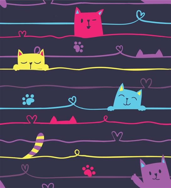 الگوی خط بدون درز انتزاعی با آج و قلب گربه کارتونی رنگارنگ بچه گربه خندان شخصیت حیوان شاد پنجه بچه گربه پس زمینه تکراری کودکانه کاغذ کادو عاشقانه روز ولنتاین