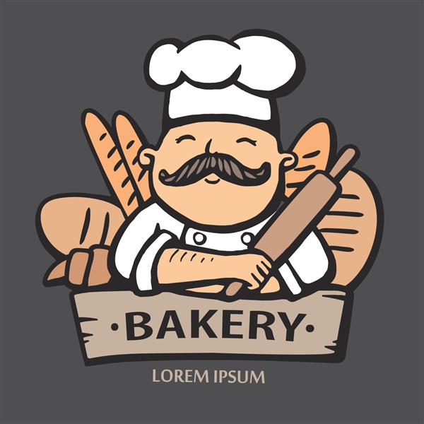 آرم نانوایی تصویر وکتور دستی از آشپز آشپز با سبیل و نان لوگوی سرآشپز
