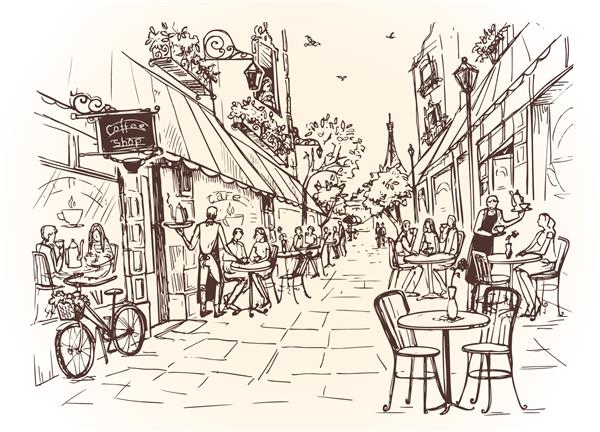 کافه خیابانی در شهر دوچرخه در ورودی کافه و مردم با فنجان قهوه پشت میزها تصویرسازی در سبک قدیمی تصویر وکتور