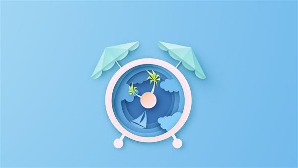 طراحی خلاقانه برای ساعت زنگ دار با منظره دریا در اواسط صبح طراحی ساعت زنگ دار برای دریا در تابستان برش کاغذ و سبک کاردستی وکتور تصویر