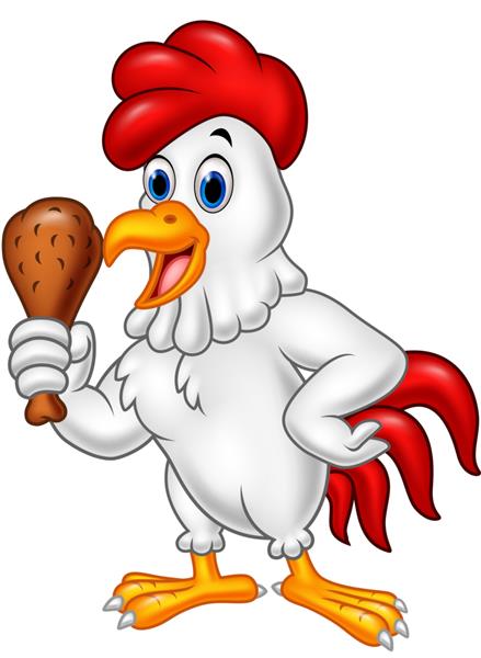 خروس کارتونی که مرغ سرخ شده در دست دارد