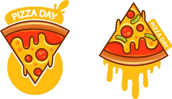 نشان‌واره روز پیتزا تصویر کارتونی وکتور مسطح خط نشان جدا شده روی پس‌زمینه سفید دو نسخه از نشان‌واره