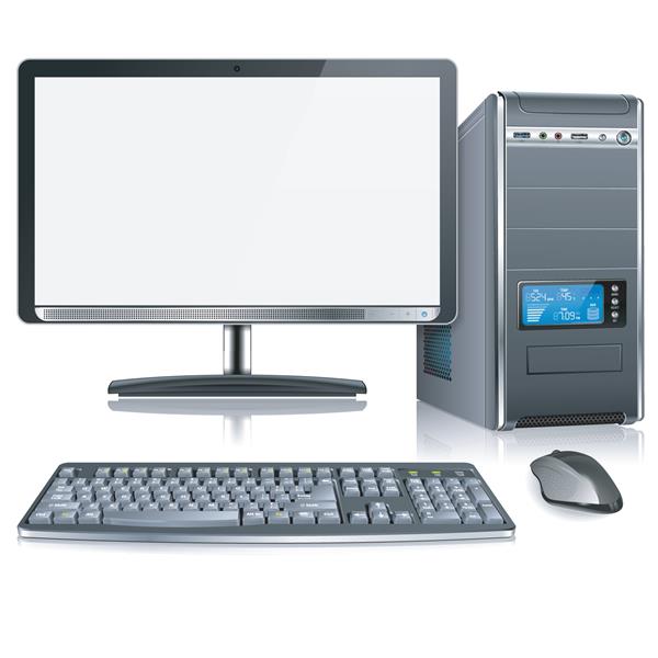 قاب کامپیوتر سه بعدی واقع گرایانه با مانیتور صفحه کلید و ماوس جدا شده در پس زمینه سفید تصویر وکتور