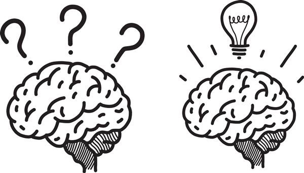 تصویر وکتور از پرسش مغز و لامپ با دست کشیده شده است نماد Doodle جدا شده در پس زمینه سفید