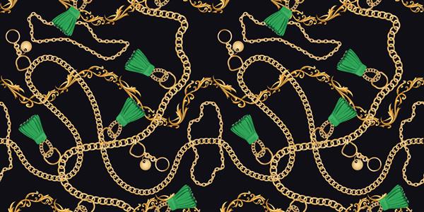 الگوی بدون درز با زنجیر طلایی و طرح دکوراسیون عناصر مد برای روسری کاغذ دیواری چاپ پارچه - وکتور