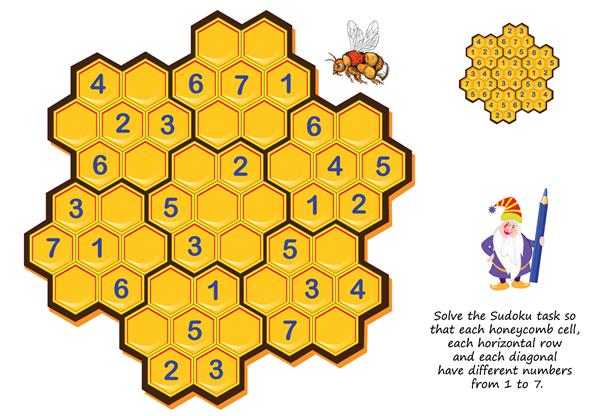 بازی پازل منطقی برای کودکان و بزرگسالان تکلیف سودوکو را حل کنید تا هر سلول لانه زنبوری هر ردیف افقی و هر مورب دارای اعداد مختلف از 1 تا 7 باشد صفحه قابل چاپ برای کتاب بازی فکری