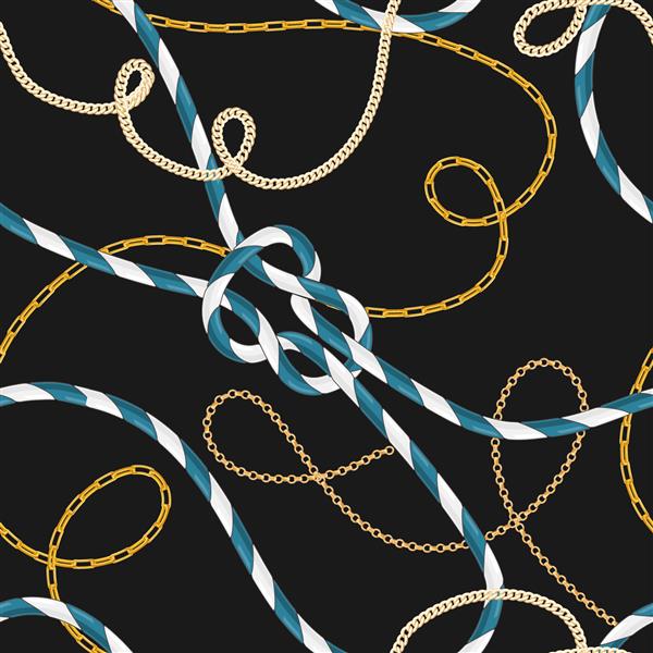 الگوی بدون درز سبک دریایی با گره های طناب دریایی و زنجیر طلایی مد روز طراحی پارچه مد با عناصر دریا برای کاغذ دیواری بسته بندی تصویر وکتور