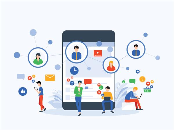 تصویر وکتور تخت رسانه های اجتماعی و مفهوم اتصال آنلاین بازاریابی دیجیتال با شخصیت افراد تجاری از مفهوم تلفن همراه استفاده می کنند